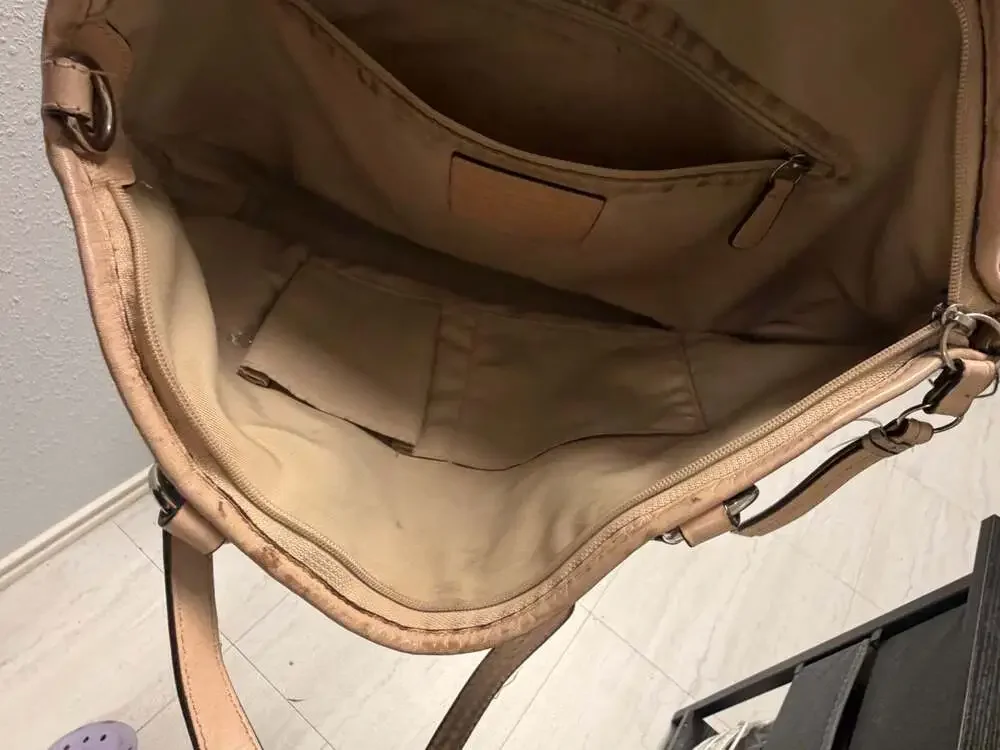 Coach Peyton Embossed Signature C Patent Leather Tote Bag with Tan Straps